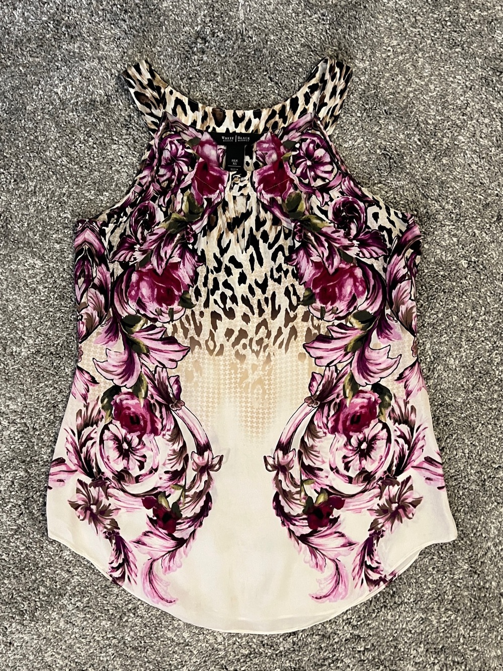 White House Black Market Floral & Animal Print Silk Top in Pink/Purple and Cream